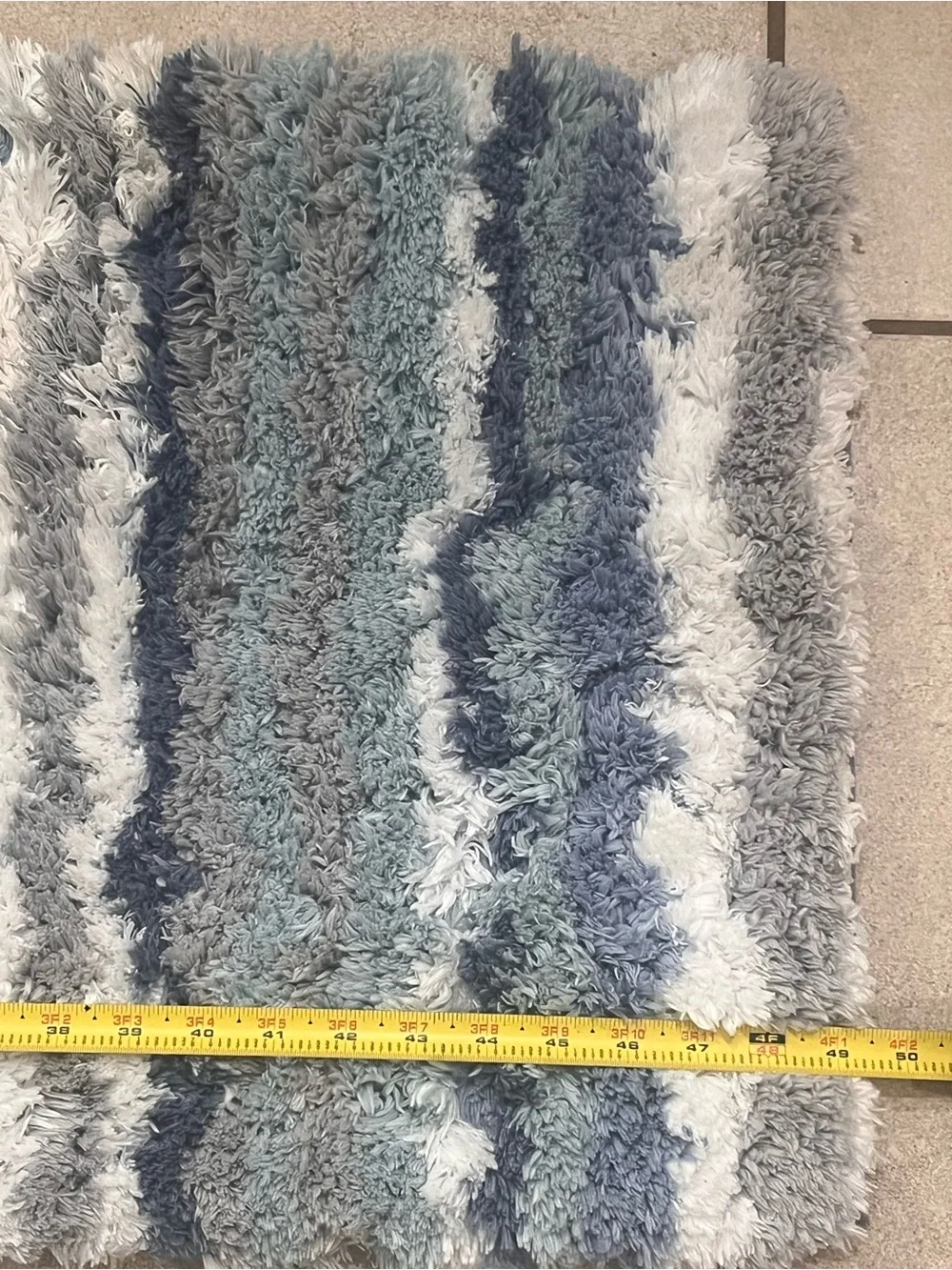 Plush Striped Blues, Gray and White Bathroom Rug 49” Long and 18” Wide